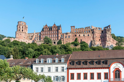 Ausblick auf das Heidelberger Schloss welches oberhalb auf einem Berg liegt. Unterhalb des Schlosses stehen normale Wohnhäuser.